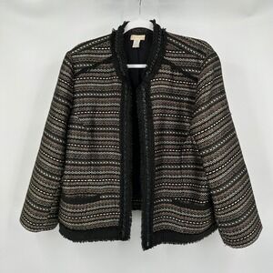 Chicos Womens Textured Minimalist Jacket Size XL Boho Metallic Woven Fringe Trim